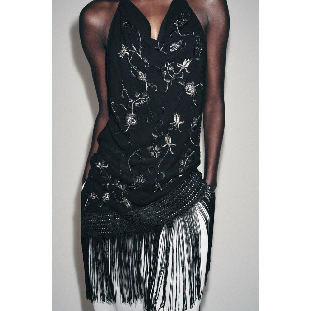 NEW ZARA ZW Collection Women Embroidered Macrame Fringe Halter Top Black - Picture 4 of 8